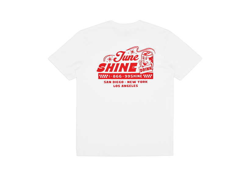 White tshirt with red writing that reads: JuneShine, 1-866-99SHINE San Diego New York Los Angeles with a popped can