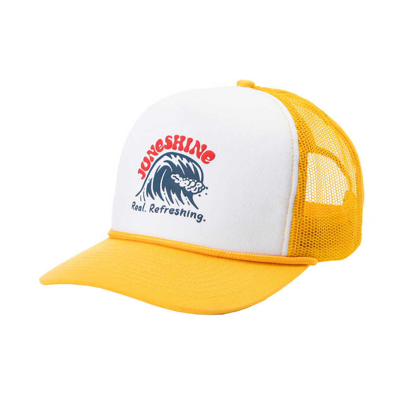 Side view of yellow trucker hat with front white panel and graphic of a wave with writing that reads: 