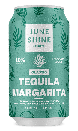 Green can with June Shine Spirits logo. Details include; Classic Tequila Margarita with no sugar added. 10% alcohol by volume. Ingredients listed are Tequila with sparkling water, real juice, sea salt and natural flavors.