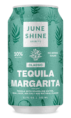 Green can with June Shine Spirits logo. Details include; Classic Tequila Margarita with no sugar added. 10% alcohol by volume. Ingredients listed are Tequila with sparkling water, real juice, sea salt and natural flavors.