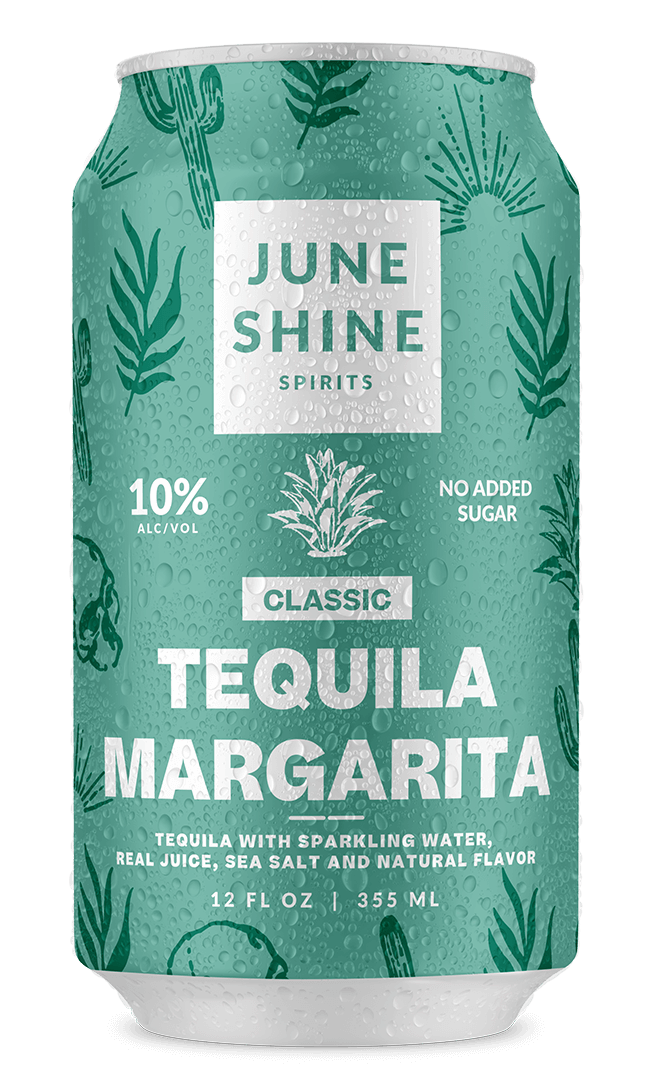 Green can with June Shine Spirits logo. Details include; Classic Tequila Margarita with no sugar added. 10% alcohol by volume. Ingredients listed are Tequila with sparkling water, real juice, sea salt and natural flavors.