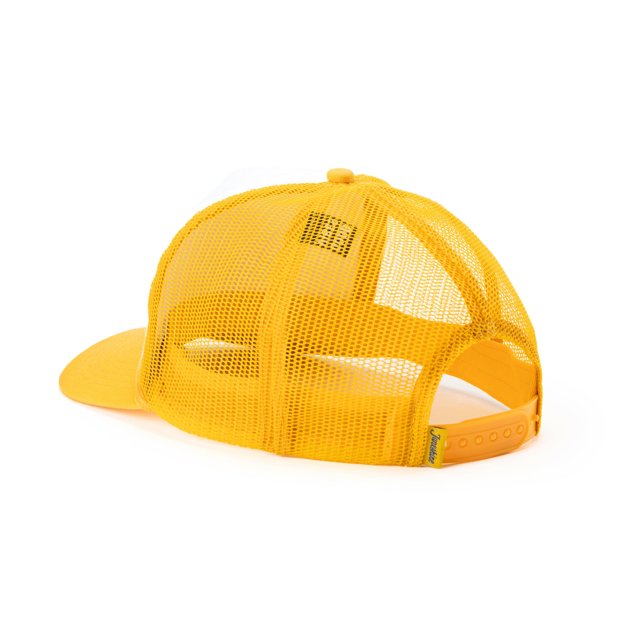 Back view of yellow trucker hat with adjustable strap and tag that reads "June Shine"