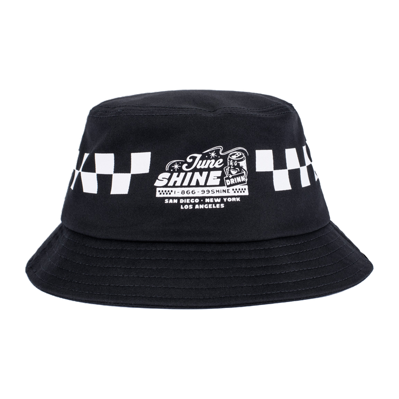 Black and white checkerboard bucket hat that reads JuneShine, 186699SHINE, San Diego, New York, Los Angeles