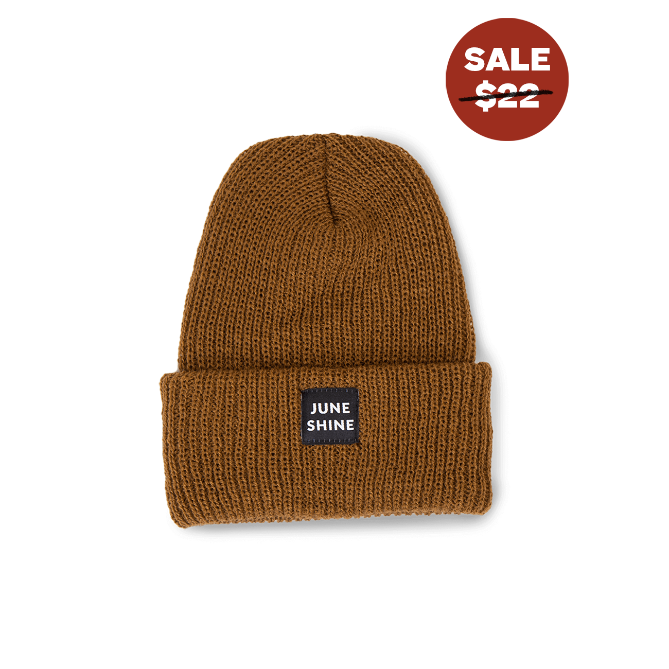 Light brown knit beanie with JuneShine logo patch