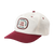 White cap with red brim and details that reads: JuneShine, Real REfreshing, CA, USA