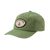 Side view green dad hat with an oval patch that reads; "June Shine drink drink ESTD 2018 SD NY LA" and image of woman holding a pineapple.