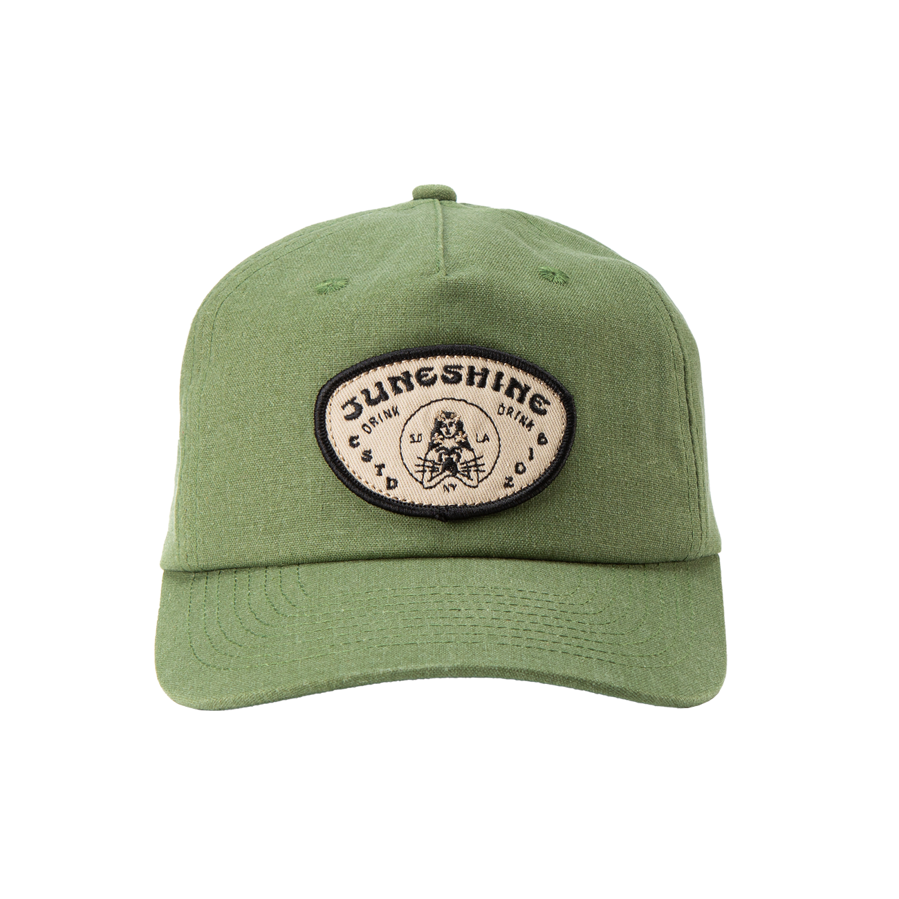 Front view green dad hat with an oval patch that reads; "June Shine drink drink ESTD 2018 SD NY LA" and image of woman holding a pineapple.