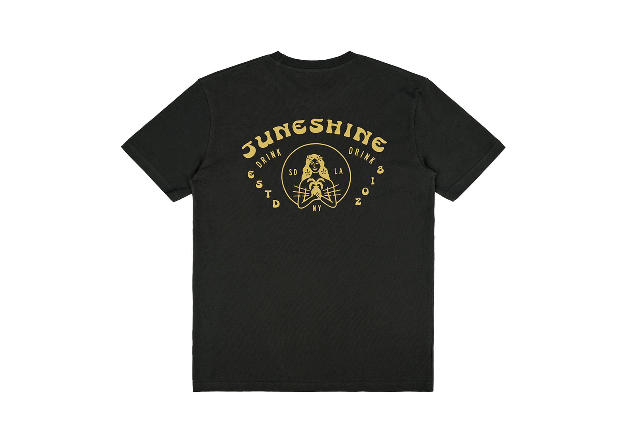 Black JuneShine tshirt that reads JuneShine, Estd 2018 in SD, NY, LA with image of a tropical woman holding a pineapple