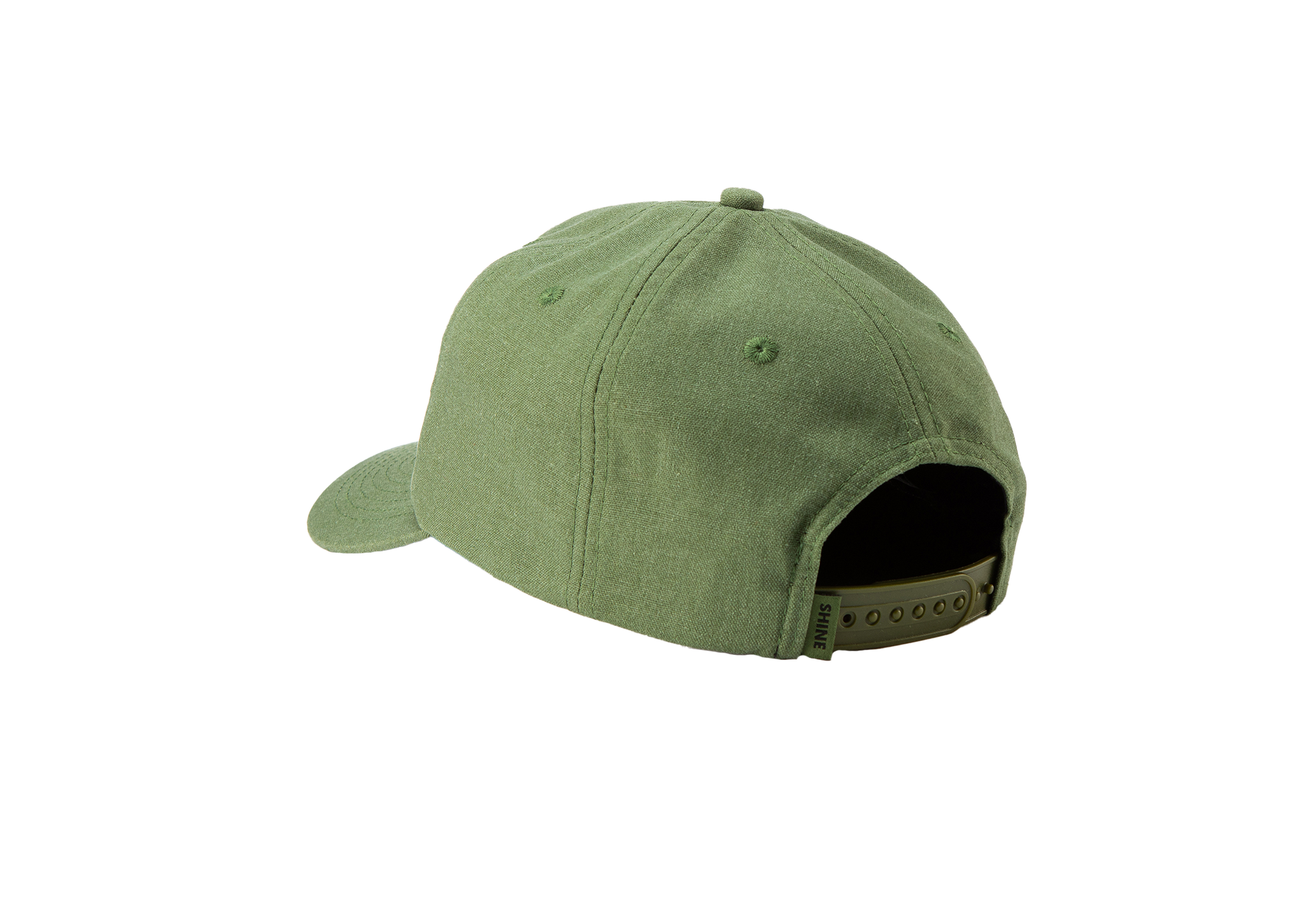 Back view of green hat with adjustable strap and tag that reads: "Shine"