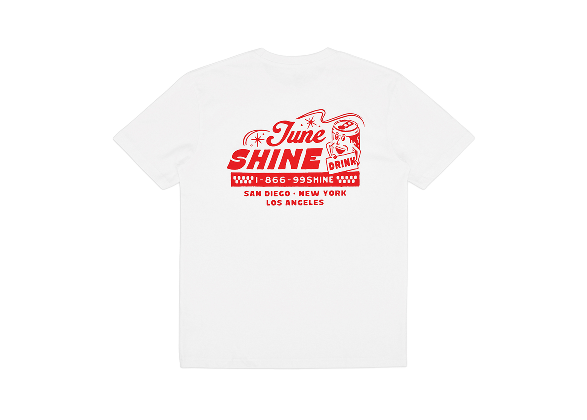 White tshirt with red writing that reads: JuneShine, 1-866-99SHINE San Diego New York Los Angeles with a popped can