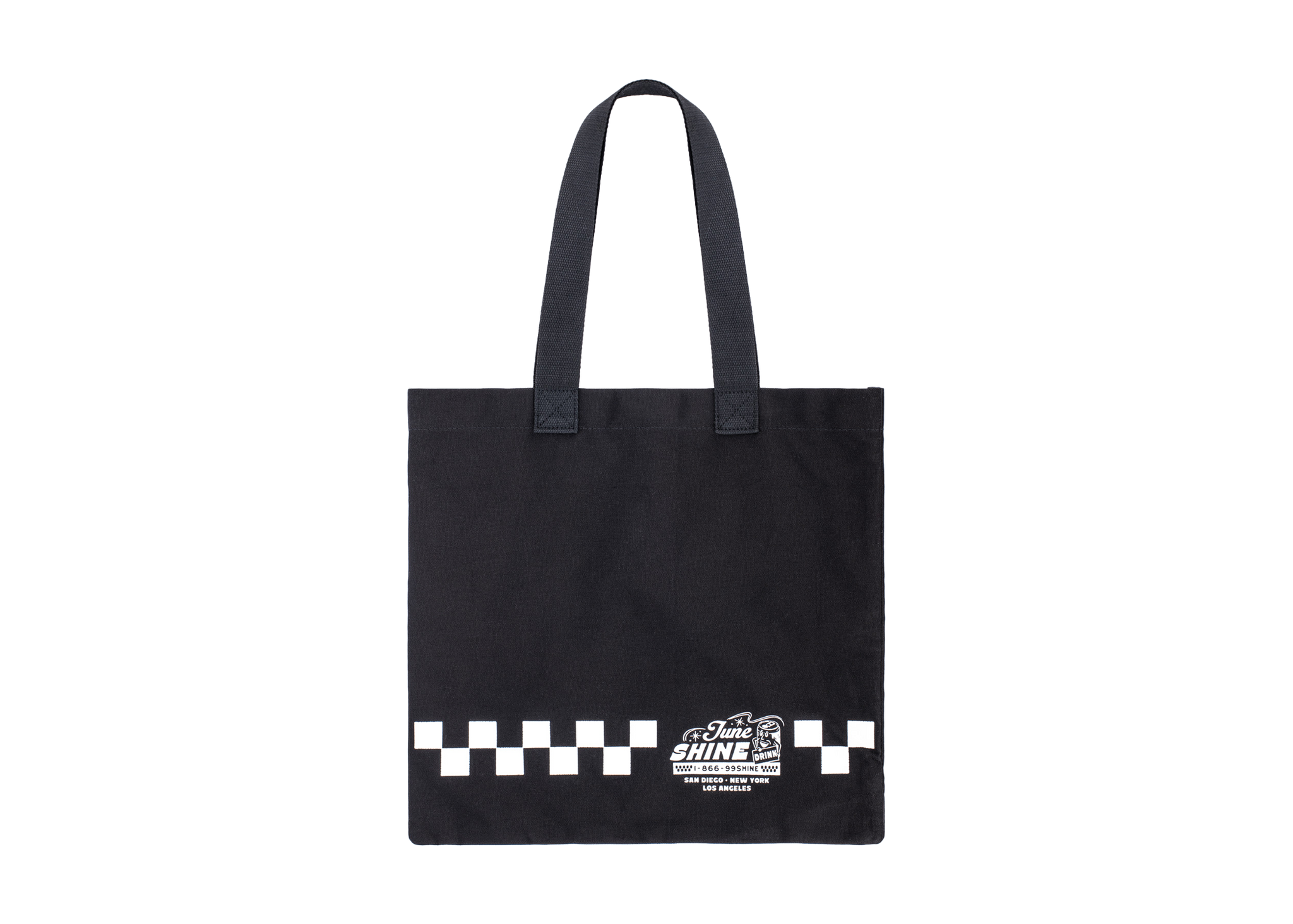 Black canvas tote bag with white checkerboard print and text that reads JuneShine, 1-866-99SHINE San Diego New York Los Angeles