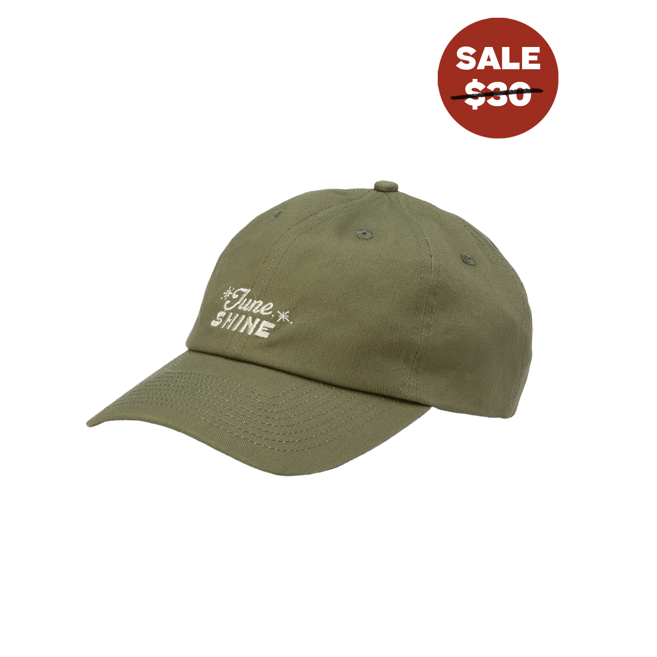 Side View of Green dad hat with embroidered stars and text that reads" June Shine" 