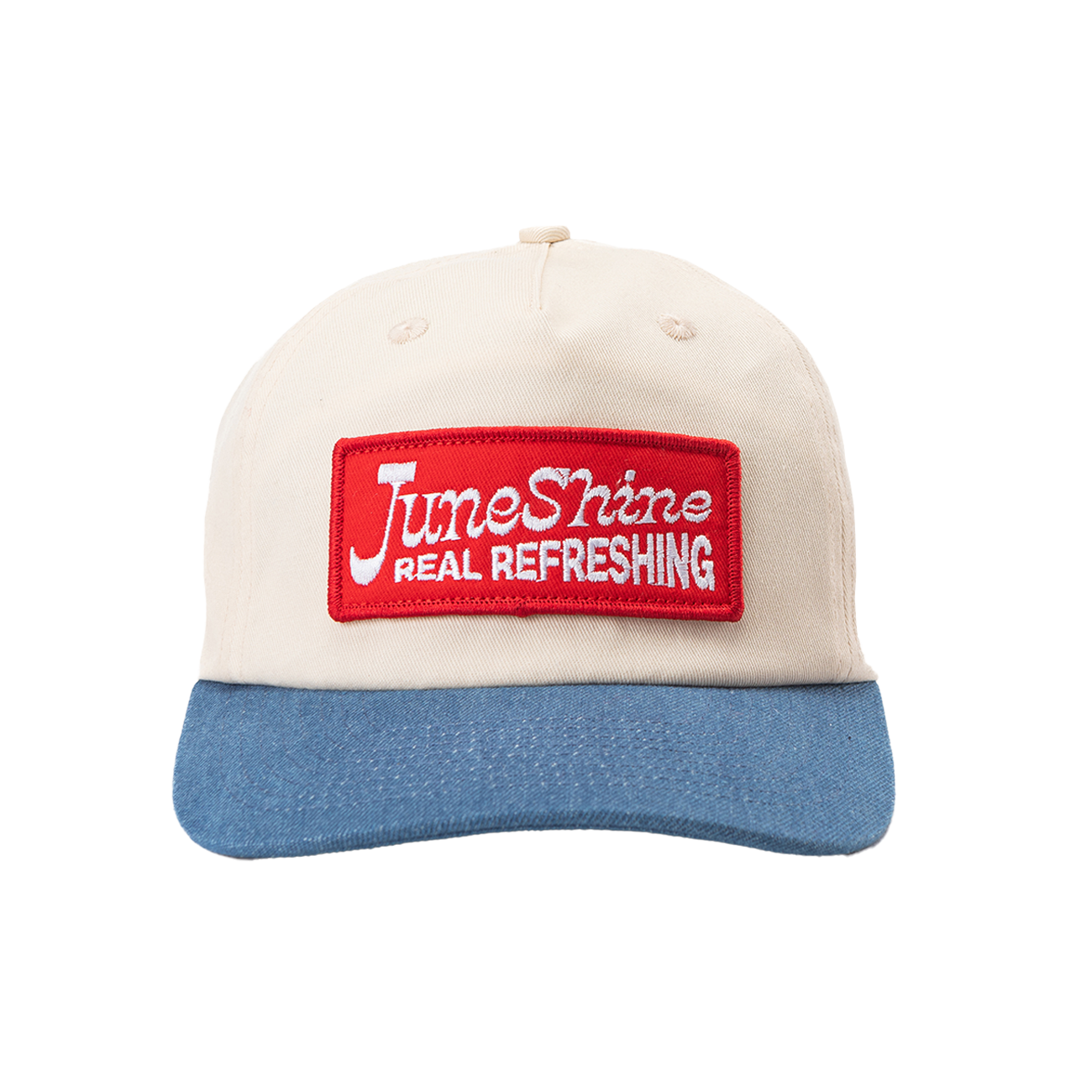 Front view of White hat with blue denim brim that includes a red patch sewn on the front that reads; June Shine Real REfreshing