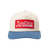 Front view of White hat with blue denim brim that includes a red patch sewn on the front that reads; June Shine Real REfreshing