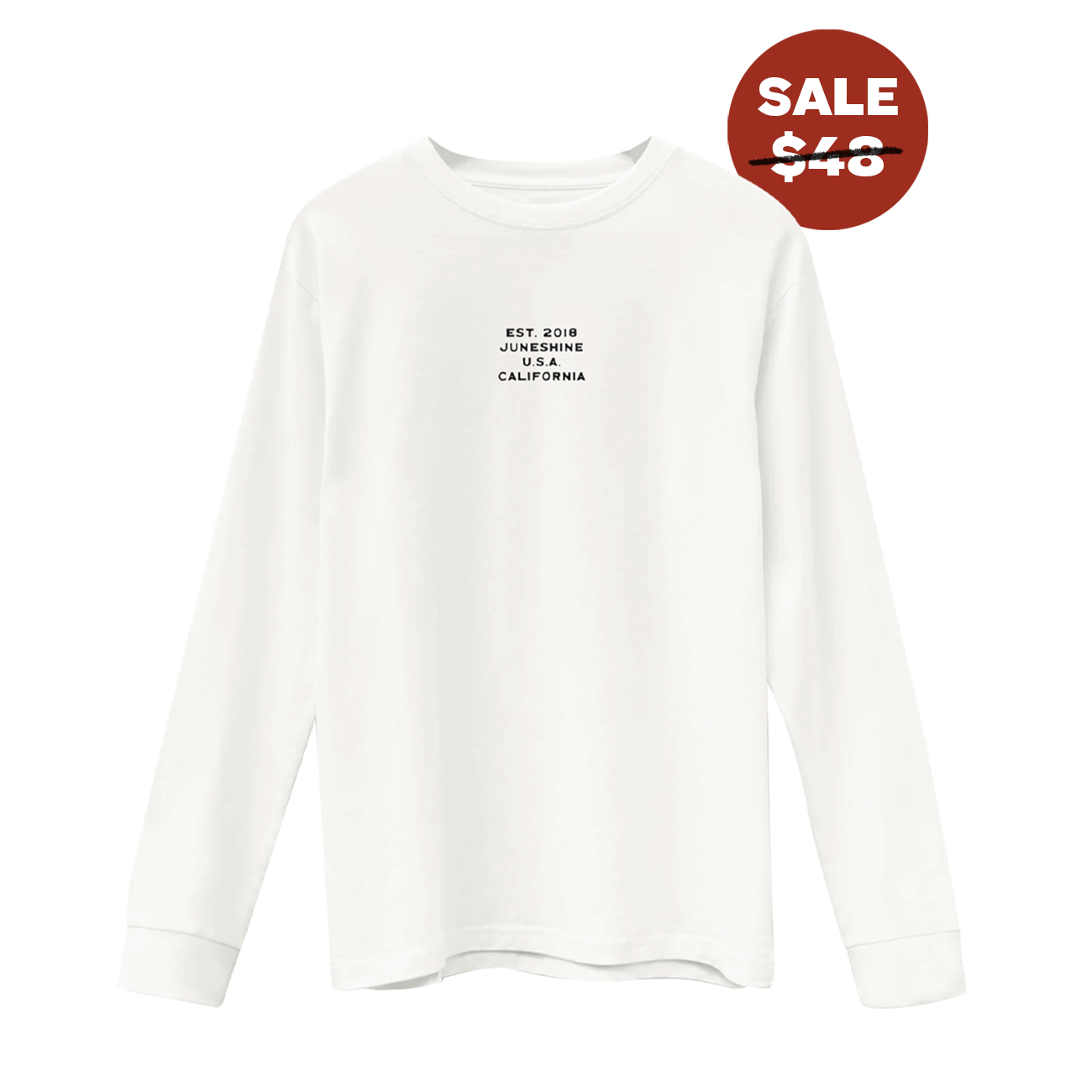 White long sleeve shirt with writing in the middle that reads: est. 2018 june shine u.s.a. california.