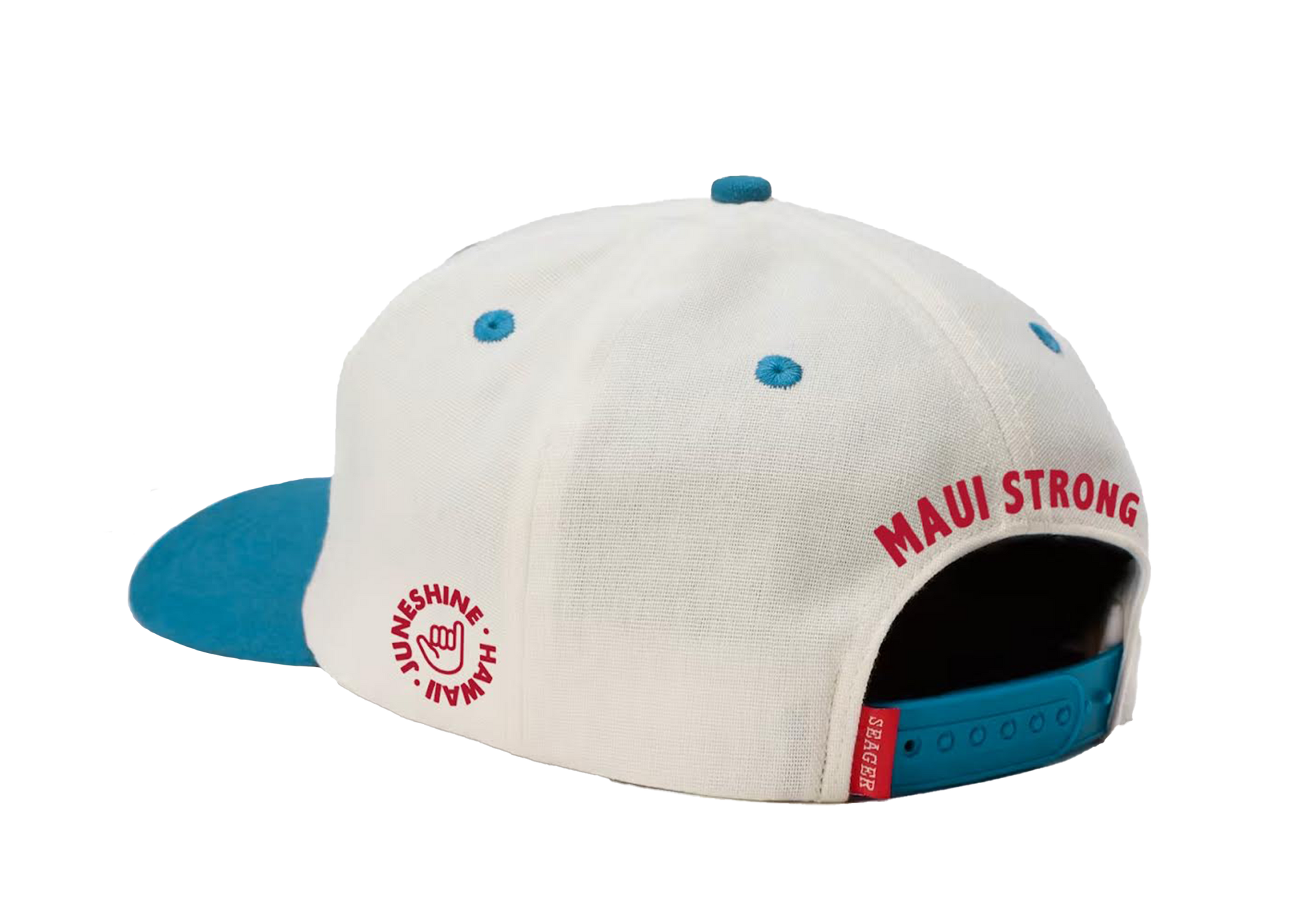 White hat, blue bill red embroidery
