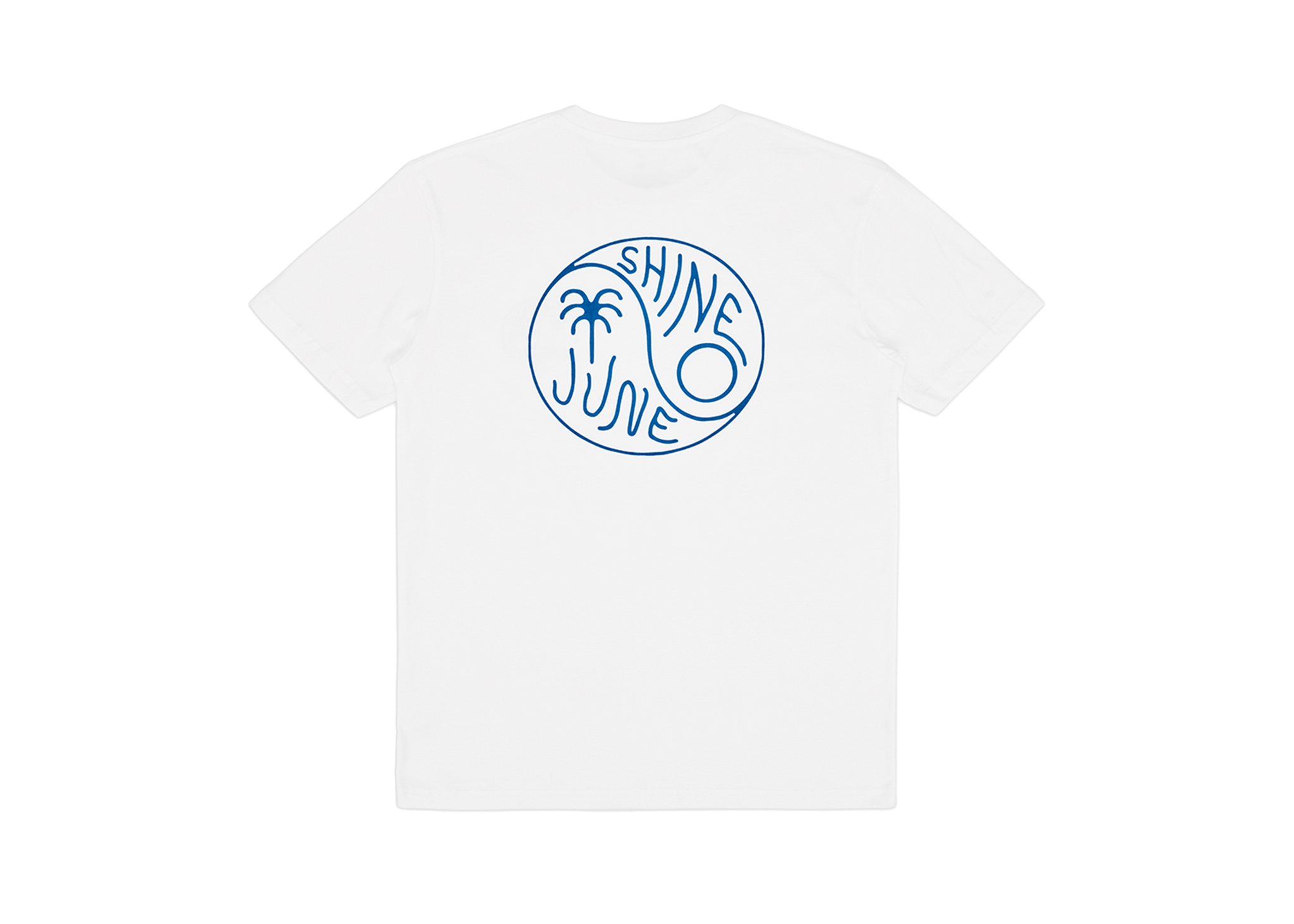 Back view of white tee shirt with blue ying yang symbol with the words; June Shine