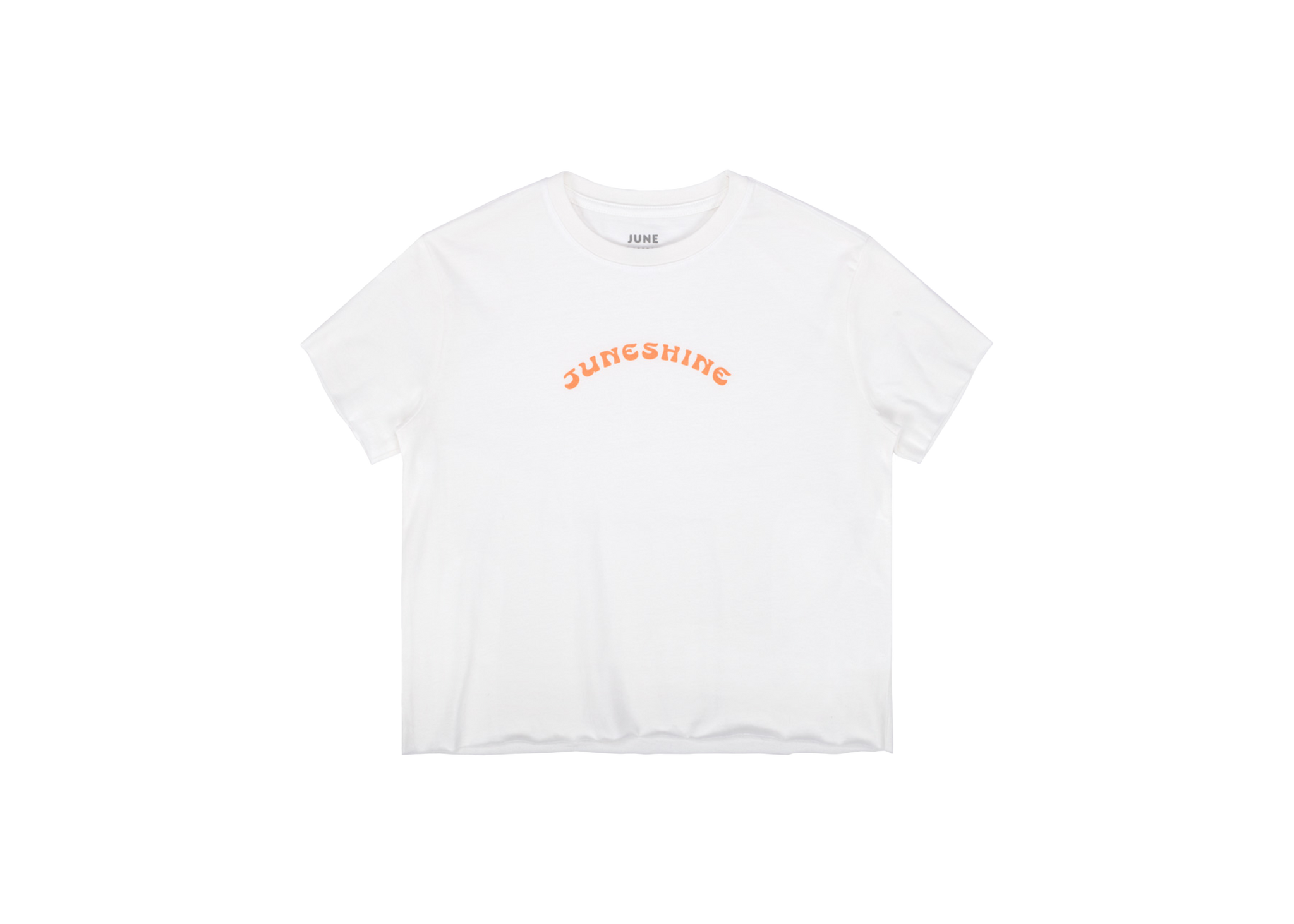 Whtie crop top tee shirt with orange writing that reads: June Shine