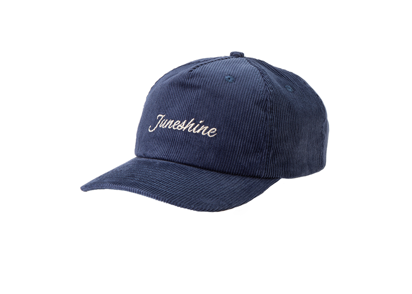 CORDUROY BLUE HAT SIDE VIEW WITH SCRIPT LOGO