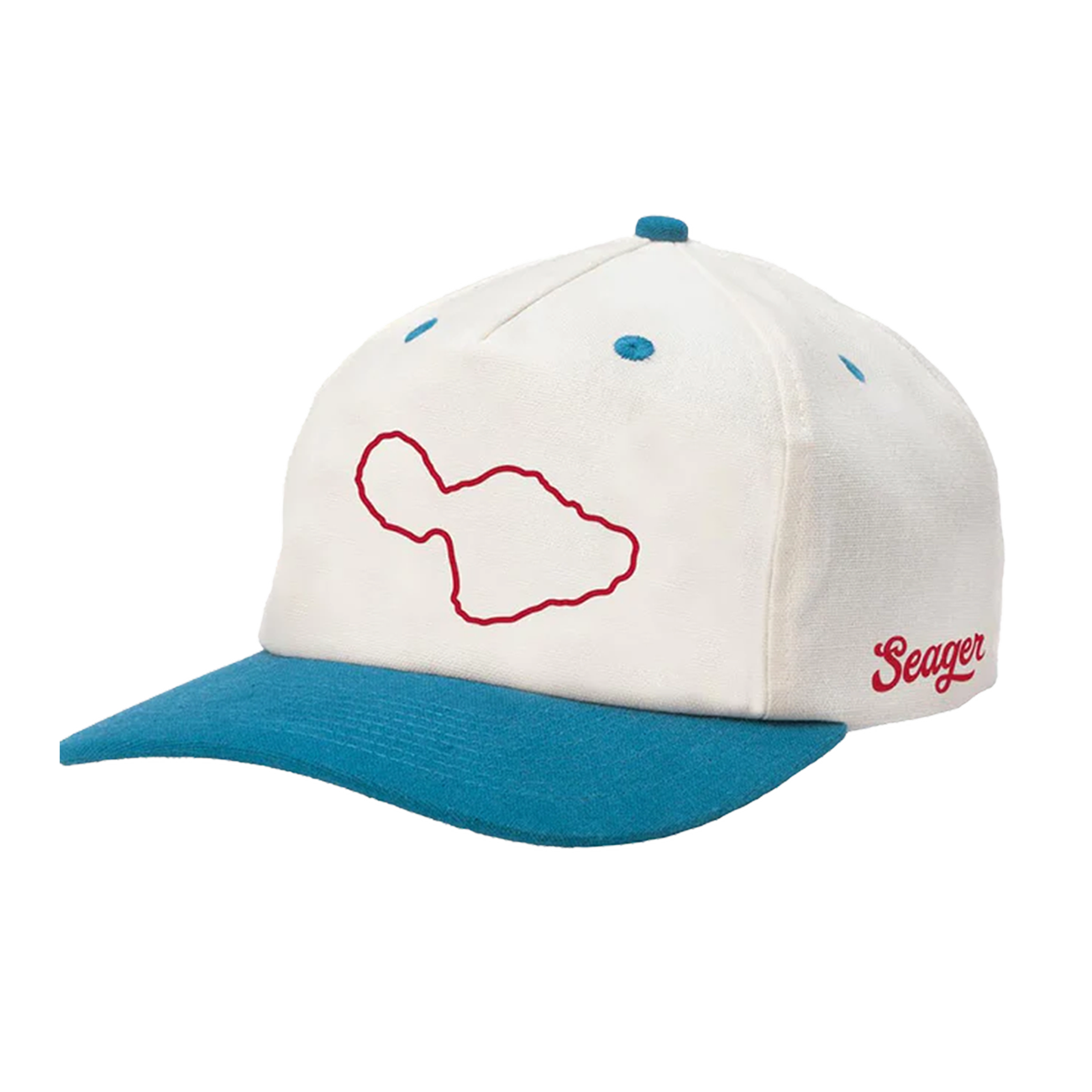 White hat with teal brim with red outline of Maui island and Seager logo on side