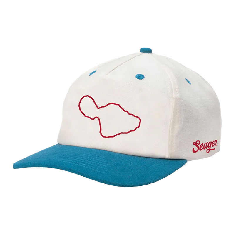 White hat with teal brim with red outline of Maui island and Seager logo on side