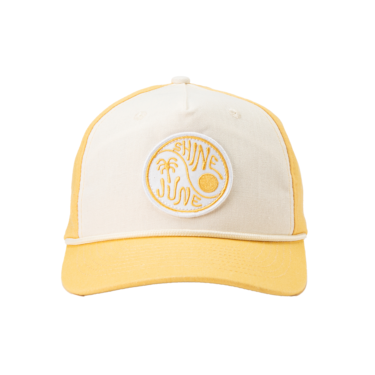 Front view of yellow hat with white front panel and a sewn in circle ying yang pact that reads; June Shine