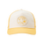 Front view of yellow hat with white front panel and a sewn in circle ying yang pact that reads; June Shine
