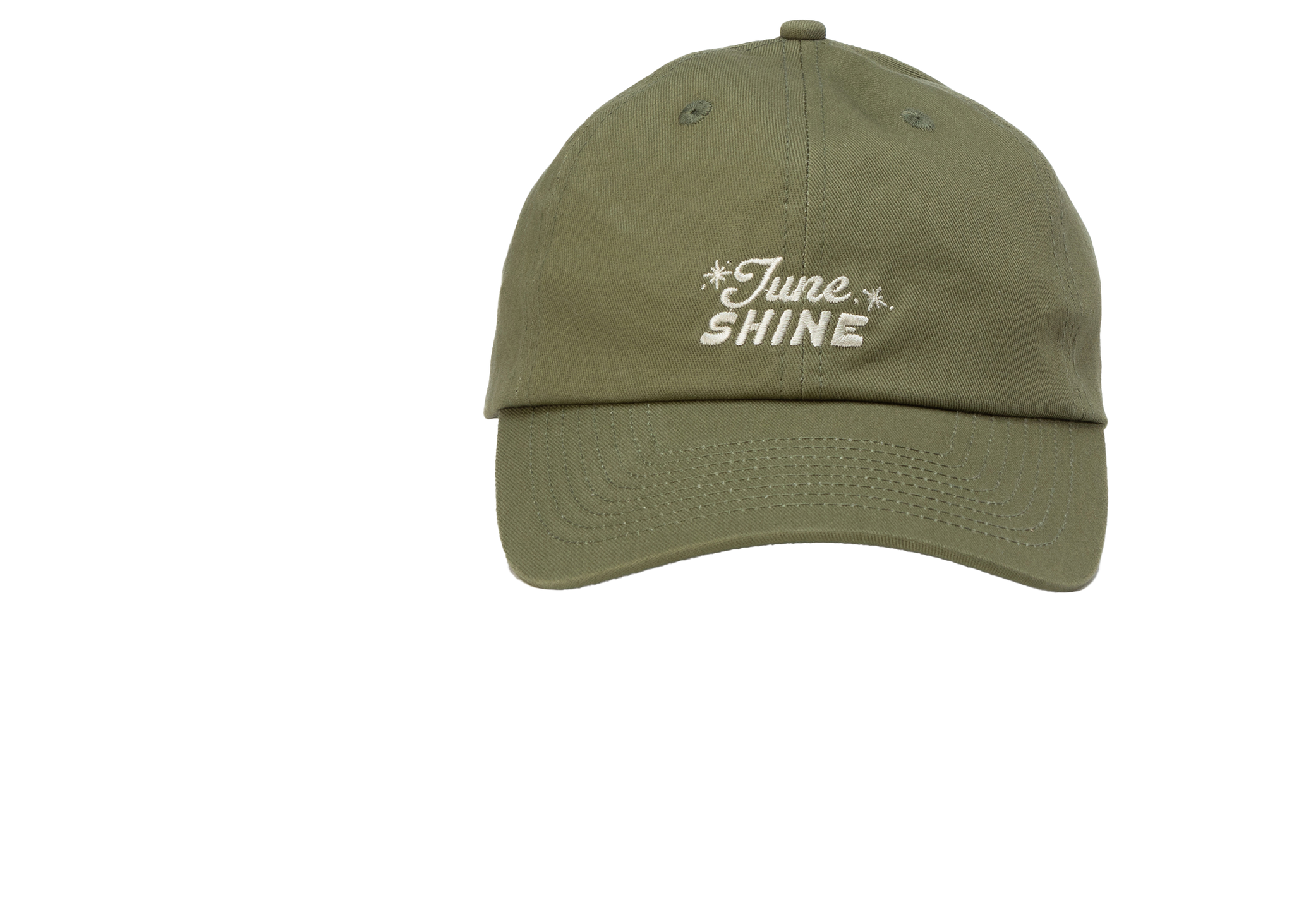 Front view of green hat with two stars and June Shine