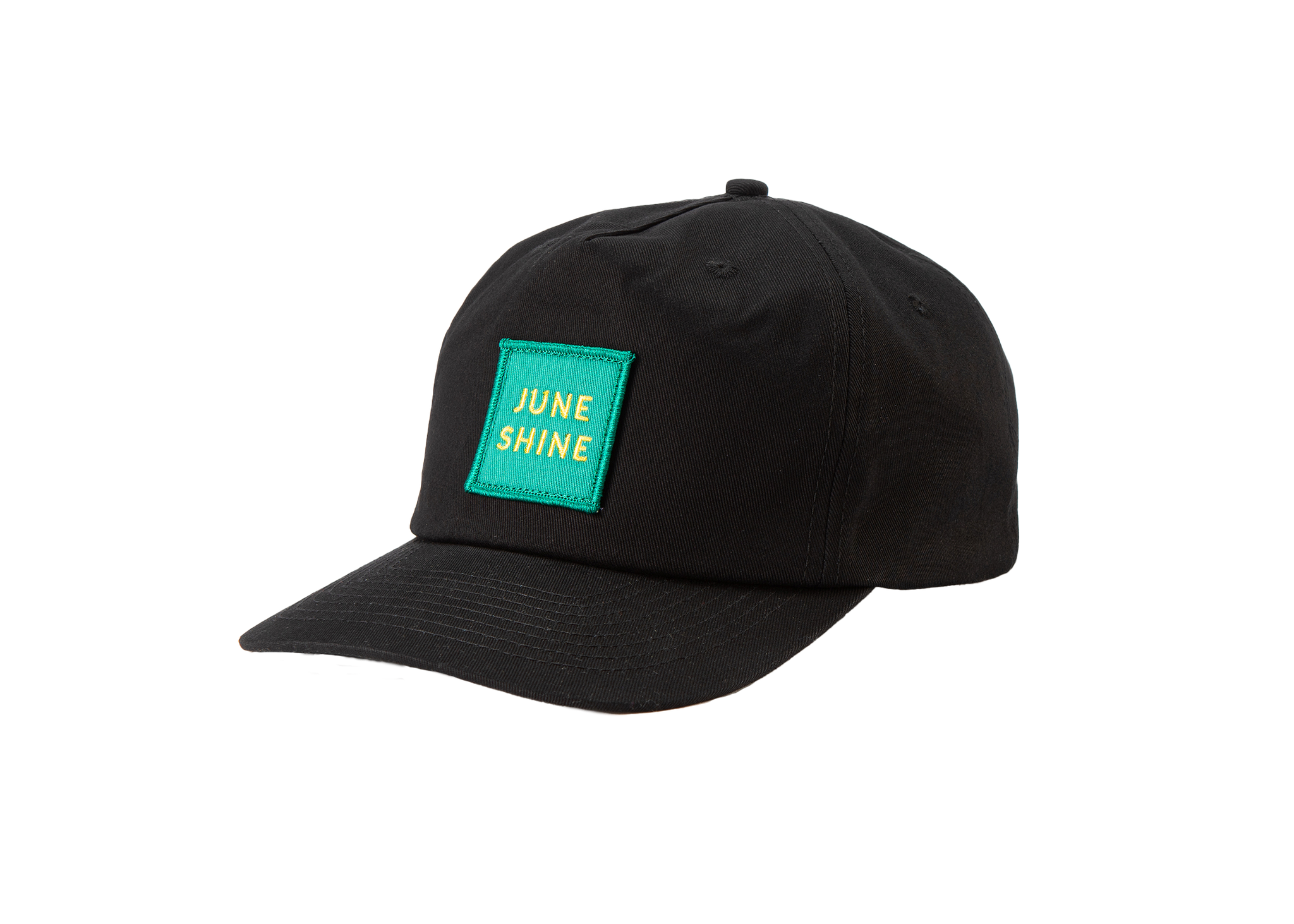 SIDE VIEW JUNESHINE BLACK HAT WITH YELLOW AND GREEN STACKED LOGO