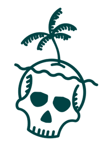 JuneShine Spirits logo of skull island under water with palm tree coming out of top