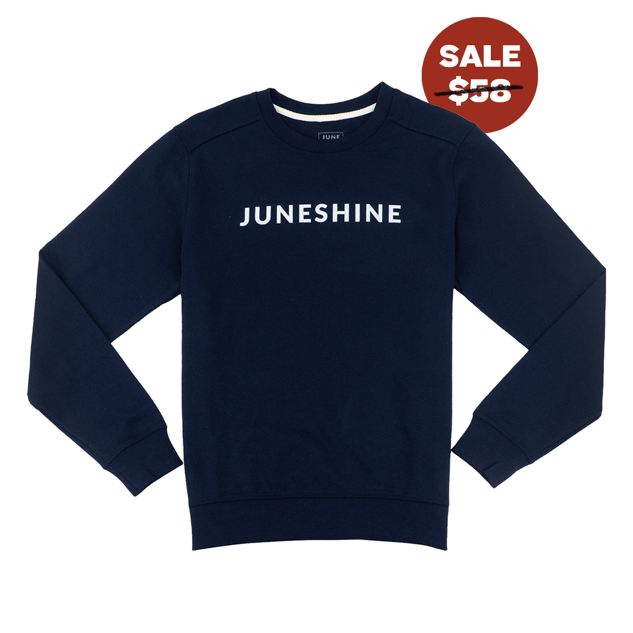 Blue  crewneck sweatshirt that reads "juneshine" in white letters