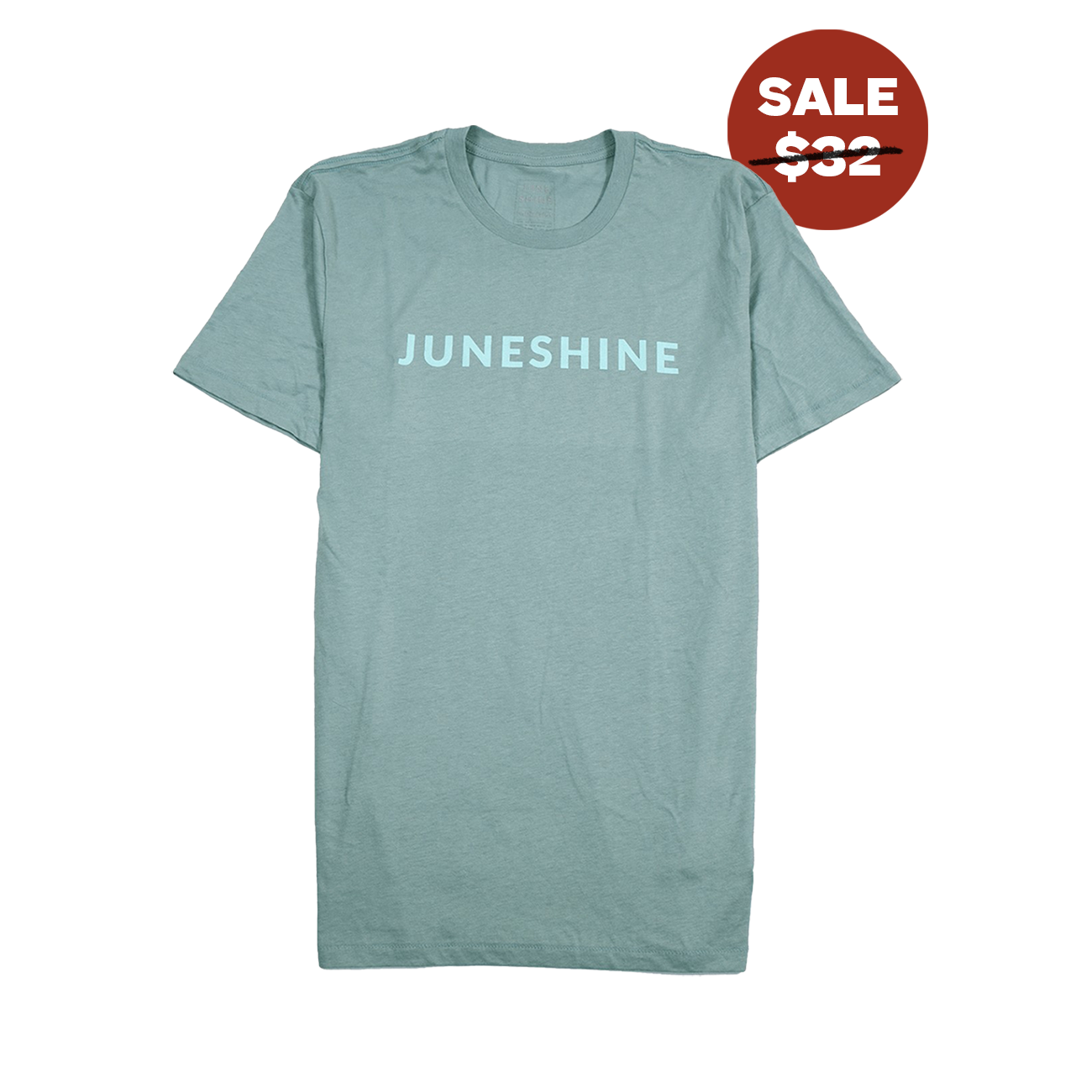 Teal short sleeve shirt that reads: june shine across the front. 