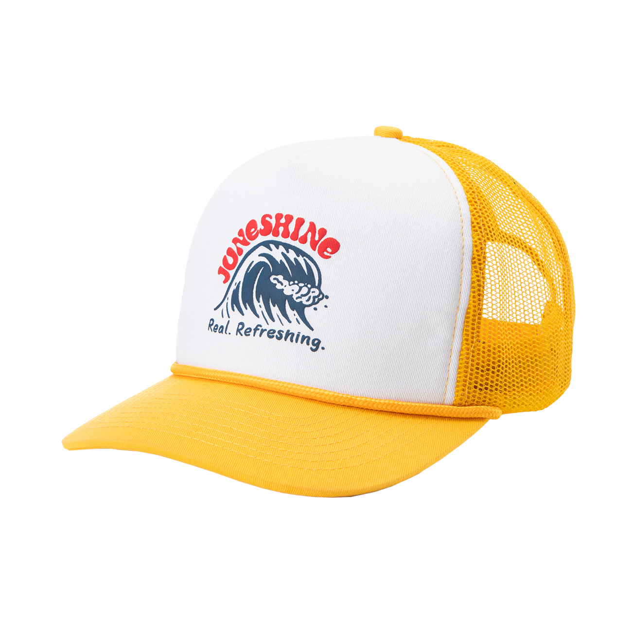 Side view of yellow trucker hat with front white panel and graphic of a wave with writing that reads: "June Shine. Real. Refreshing."