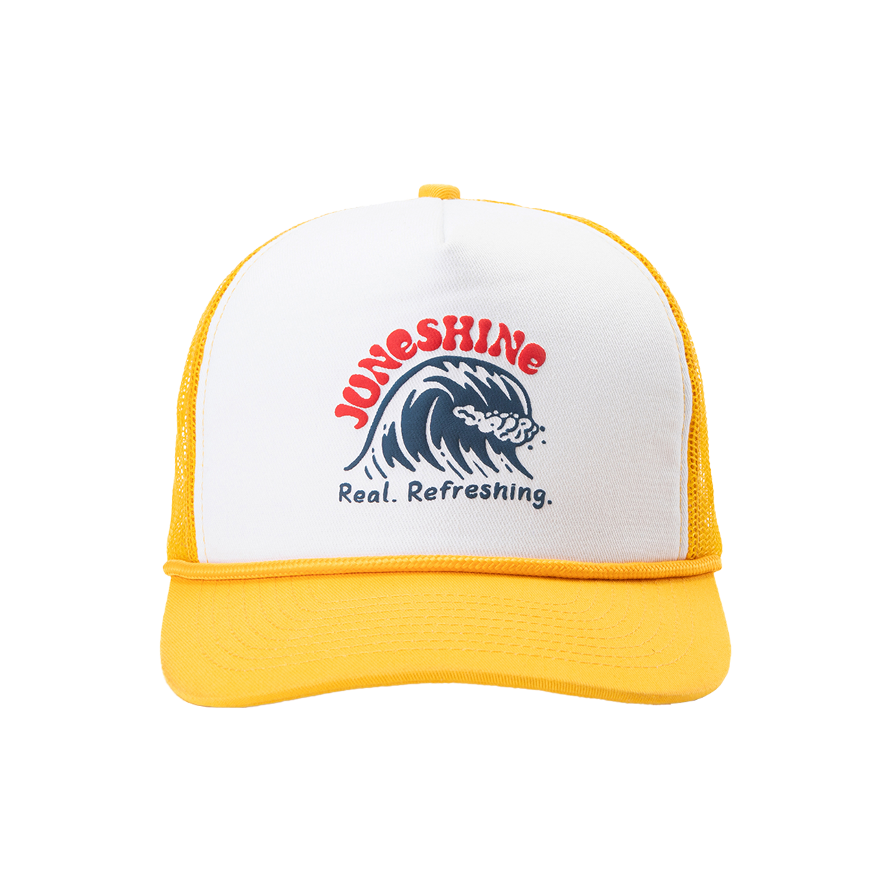 Front view of yellow trucker hat with front white panel and graphic of a wave with writing that reads: "June Shine. Real. Refreshing."
