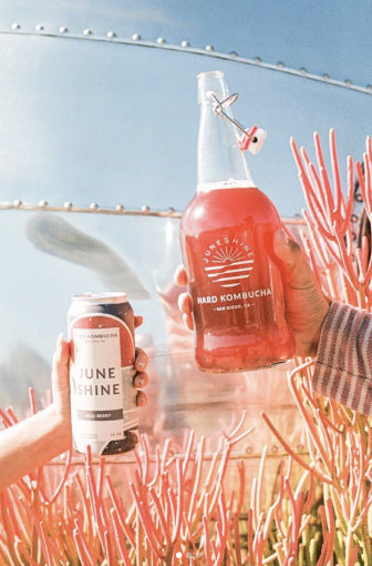 Acai Berry 16oz can in hand to the left and a growler full of bright pink acai berry liquid in hand to the right against a silver background with firestick succulent plants