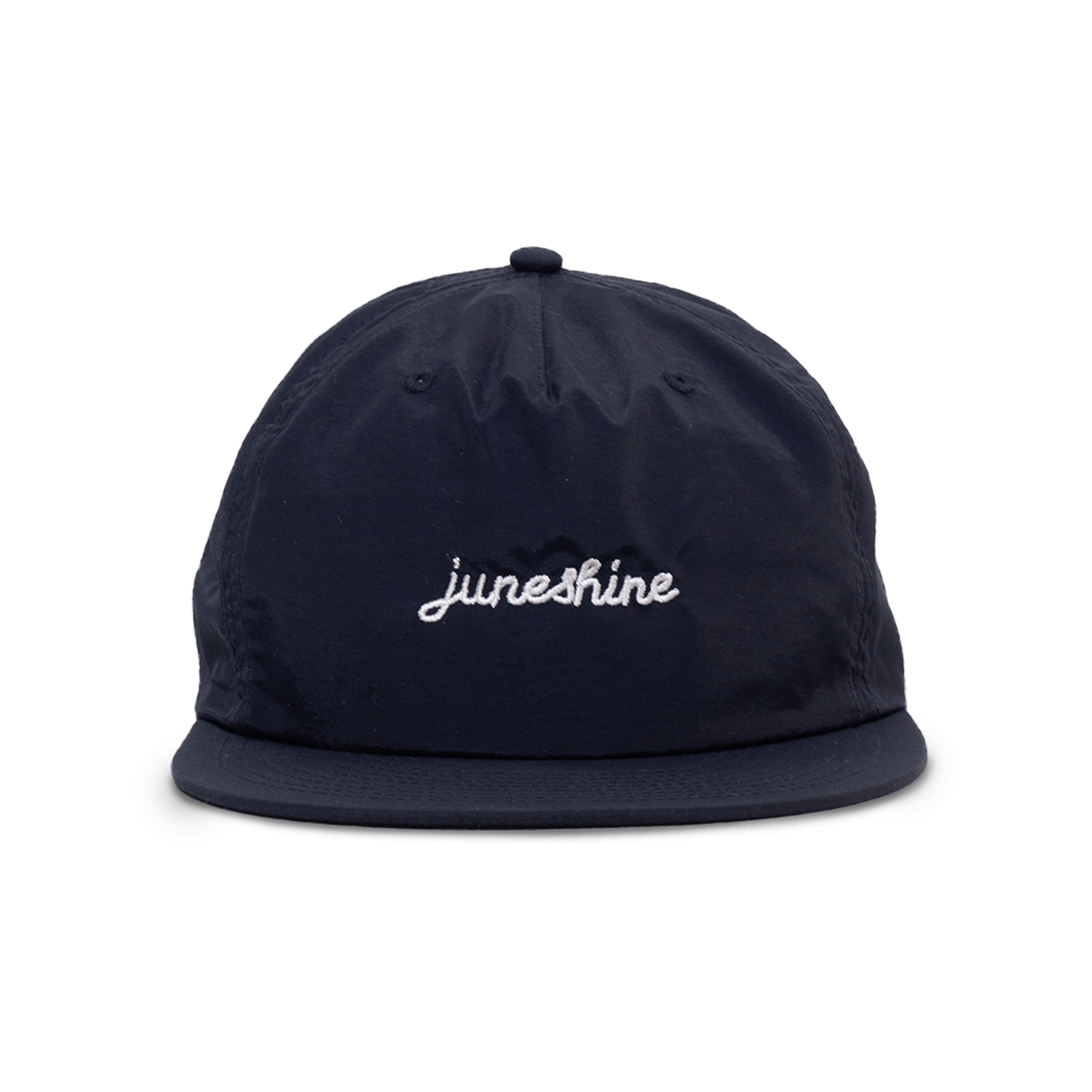 Front view of Navy blue hat with cursive embroidered writing that reads; june shine