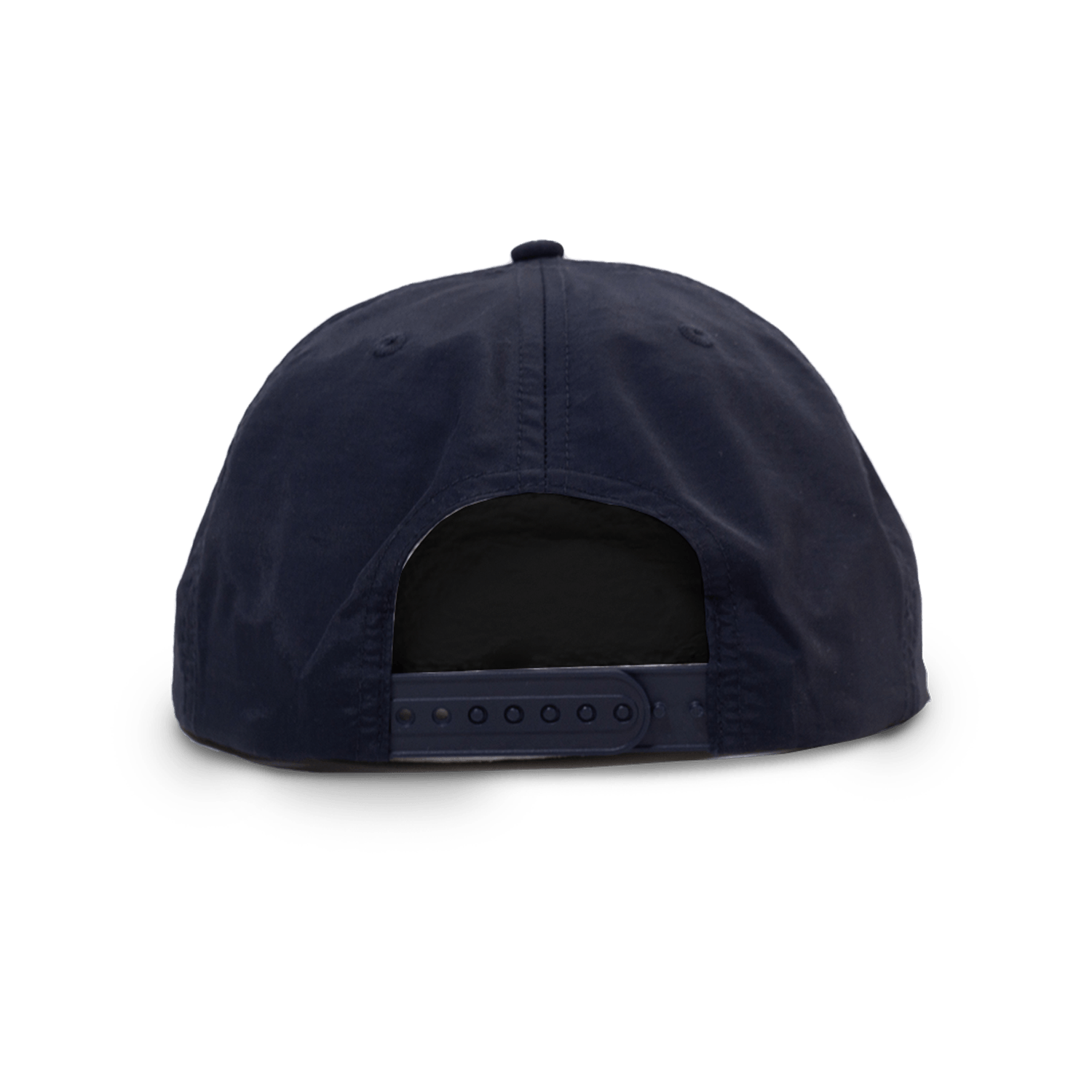 Back view of Navy blue hat with snap adjustable strap.