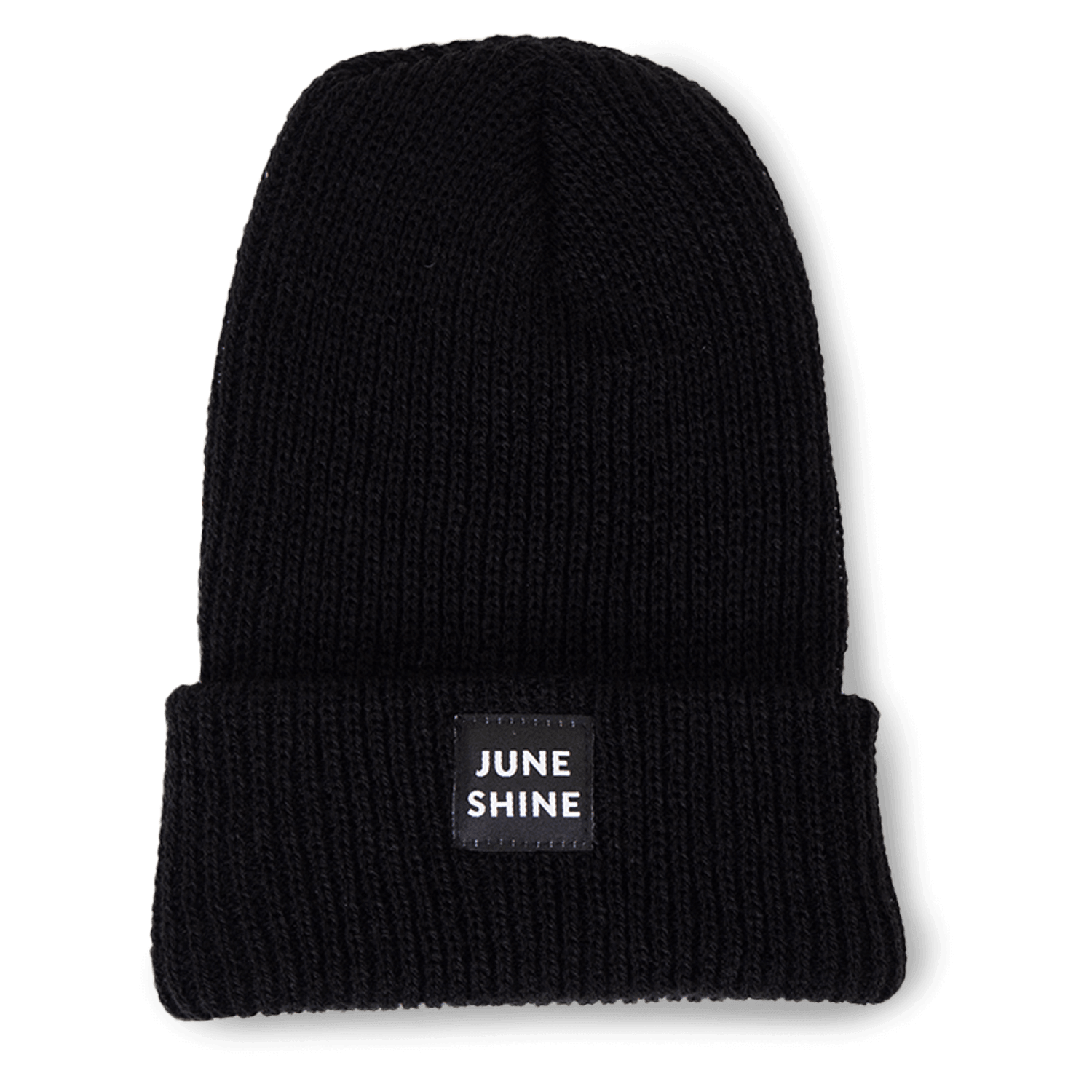 Black knit beanie with JuneShine logo patch