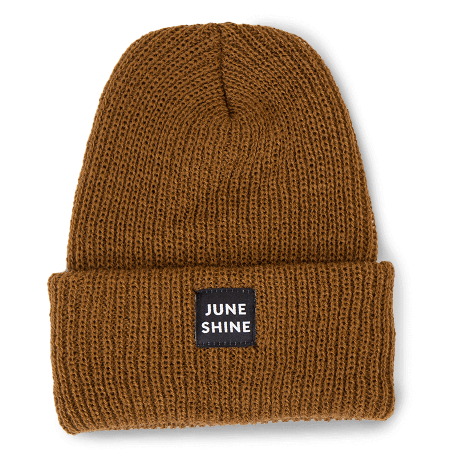 Light brown knit beanie with JuneShine logo patch