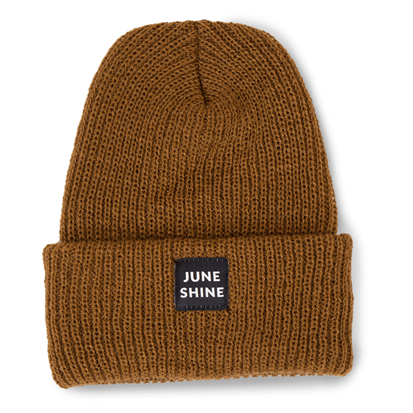 Light brown knit beanie with JuneShine logo patch