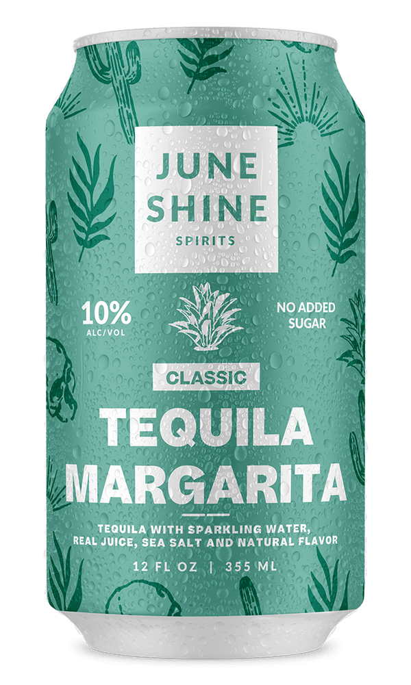 Green can with June Shine Spirits logo. Details include; Classic Tequila Margarita with no sugar added. 10% alcohol by volume. Ingredients listed are Tequila with sparkling water, real juice, sea salt and natural flavors.  